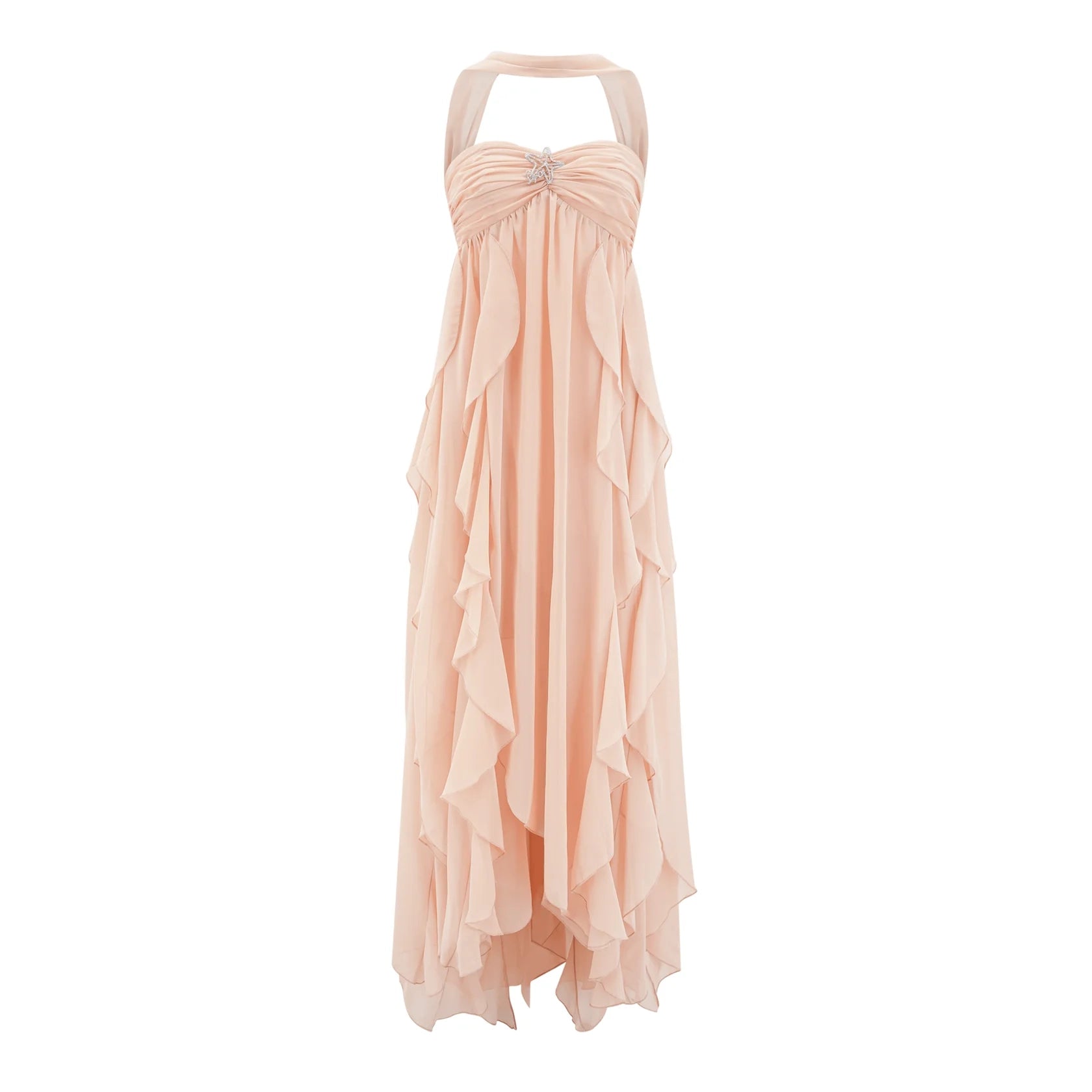 Blush Pink Halter Neck Ruffled Maxi Dress with Embellishment Mariah Pink Chiffon Ruffle Halterneck Maxi Dress Evening Dress