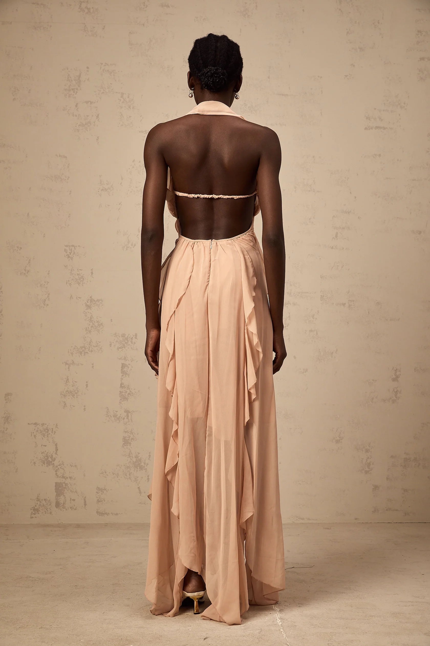 Blush Pink Halter Neck Ruffled Maxi Dress with Embellishment Mariah Pink Chiffon Ruffle Halterneck Maxi Dress Evening Dress