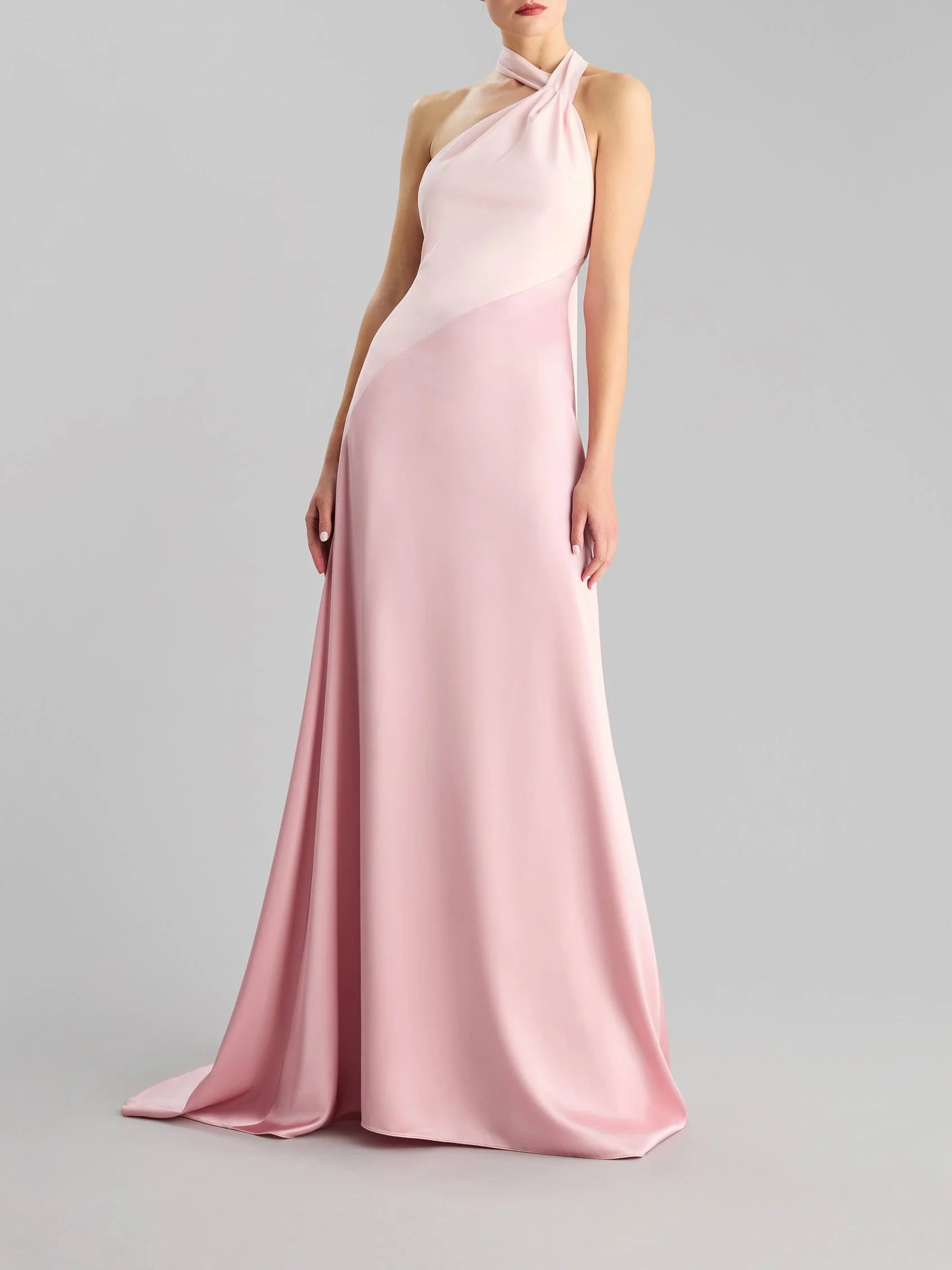 Blush Pink Halter Neck Satin Maxi Dress with Long Bow Asymmetrical A-line party dress Bridesmaid Dresses