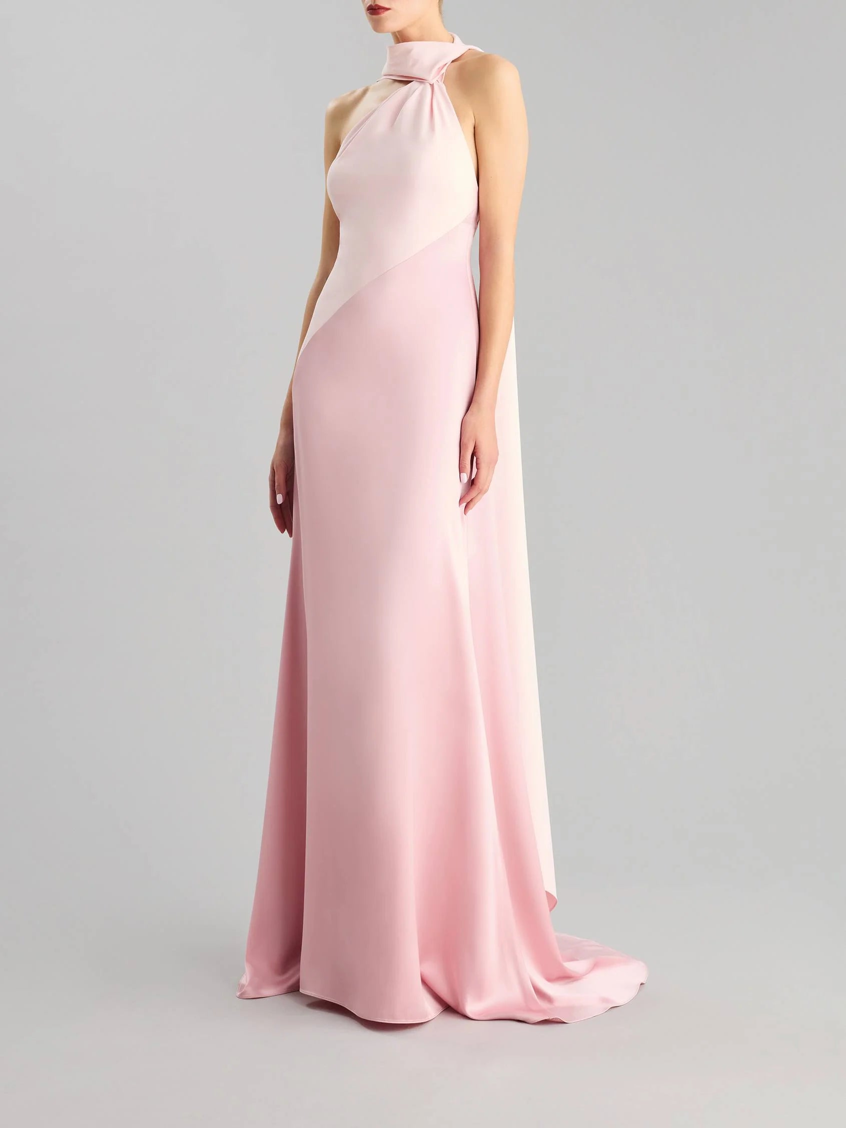 Blush Pink Halter Neck Satin Maxi Dress with Long Bow Asymmetrical A-line party dress Bridesmaid Dresses