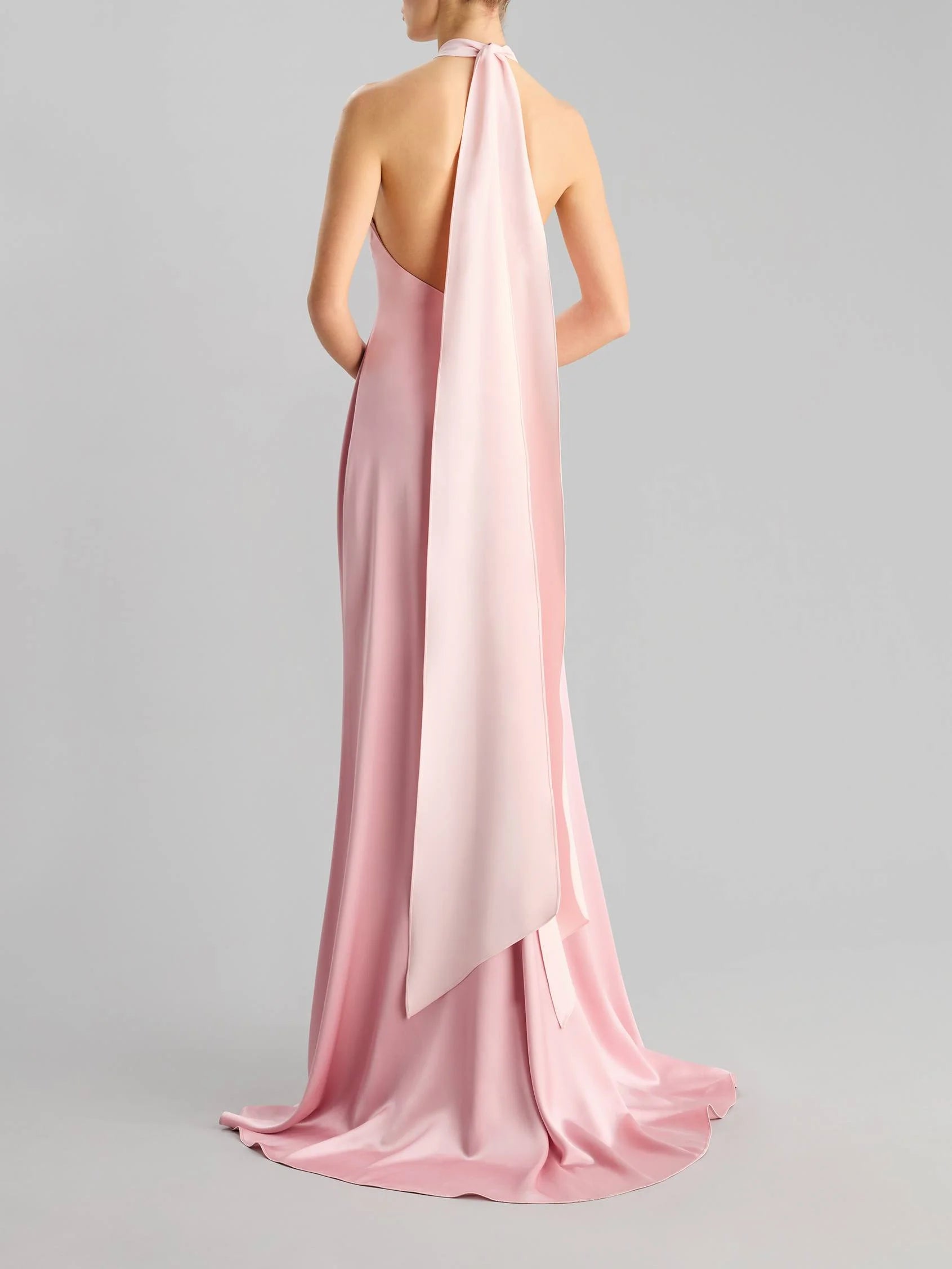 Blush Pink Halter Neck Satin Maxi Dress with Long Bow Asymmetrical A-line party dress Bridesmaid Dresses