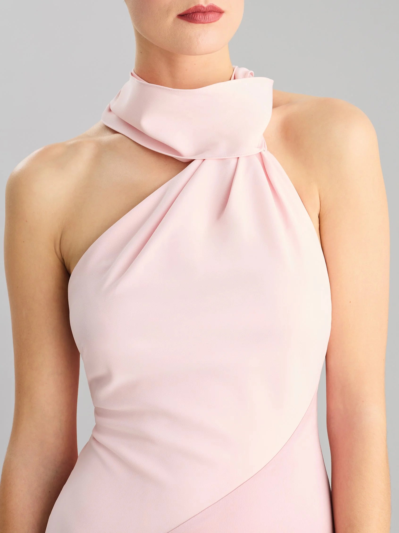 Blush Pink Halter Neck Satin Maxi Dress with Long Bow Asymmetrical A-line party dress Bridesmaid Dresses