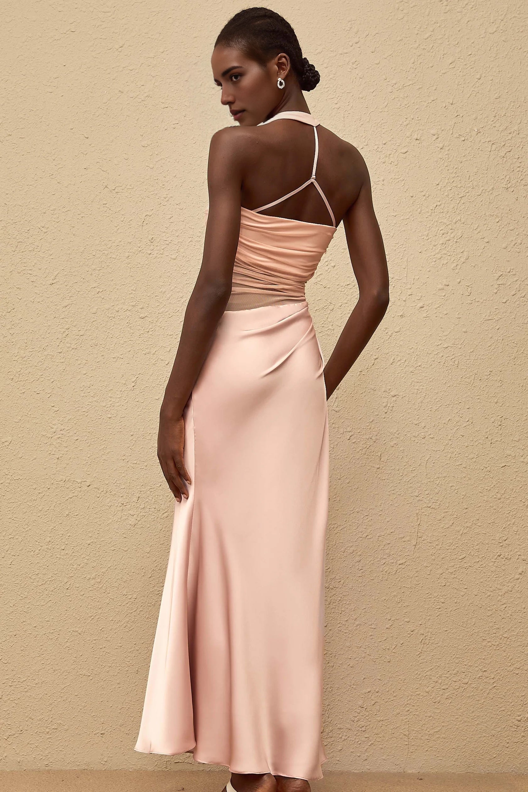 Blush Pink Halter Neck Satin Maxi Dress with Sheer Waist Taina Pink Mesh Panel Ruched Maxi Dress Evening Dress