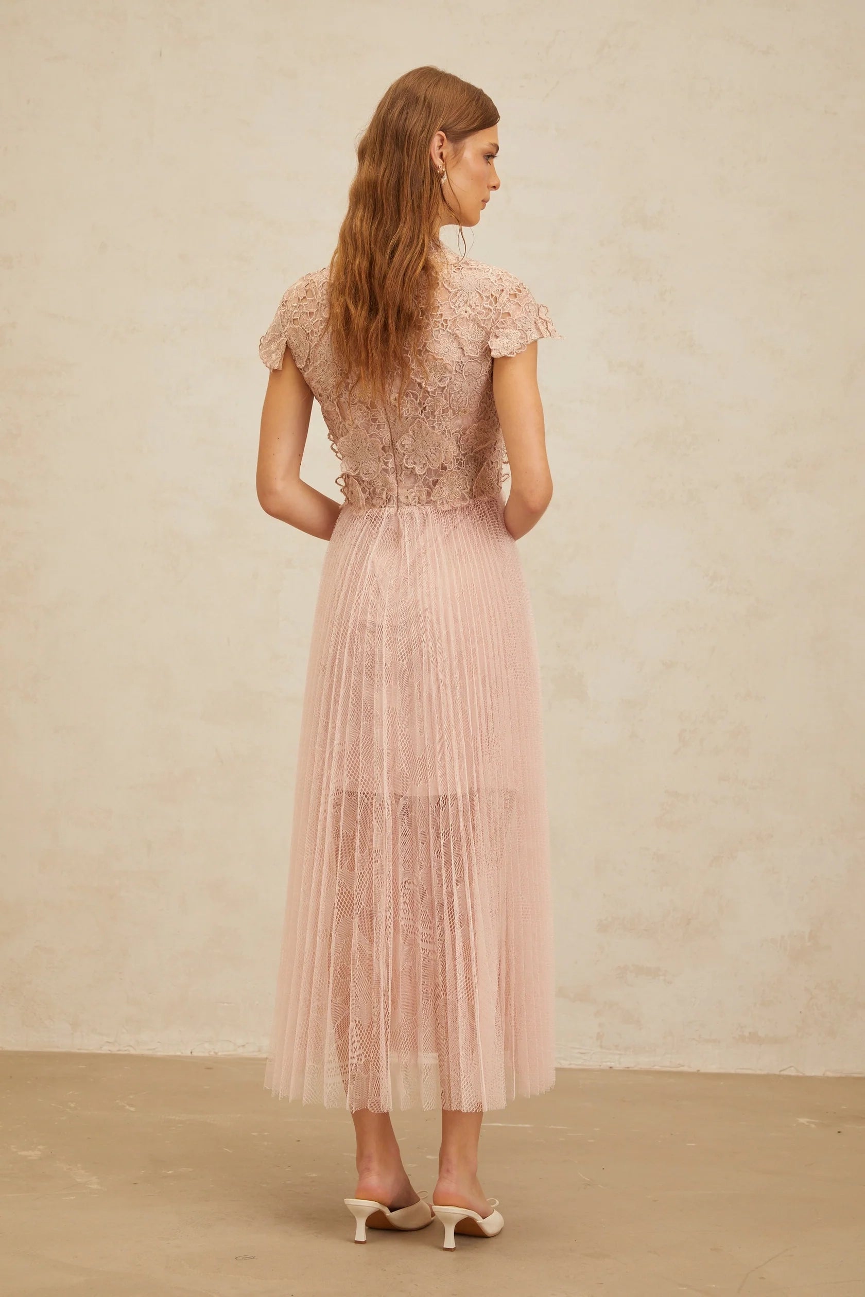 Blush Pink Lace - Bodice Tulle Midi Dress Pink Floral Embroidered Tulle Midi Dress   Evening Dress