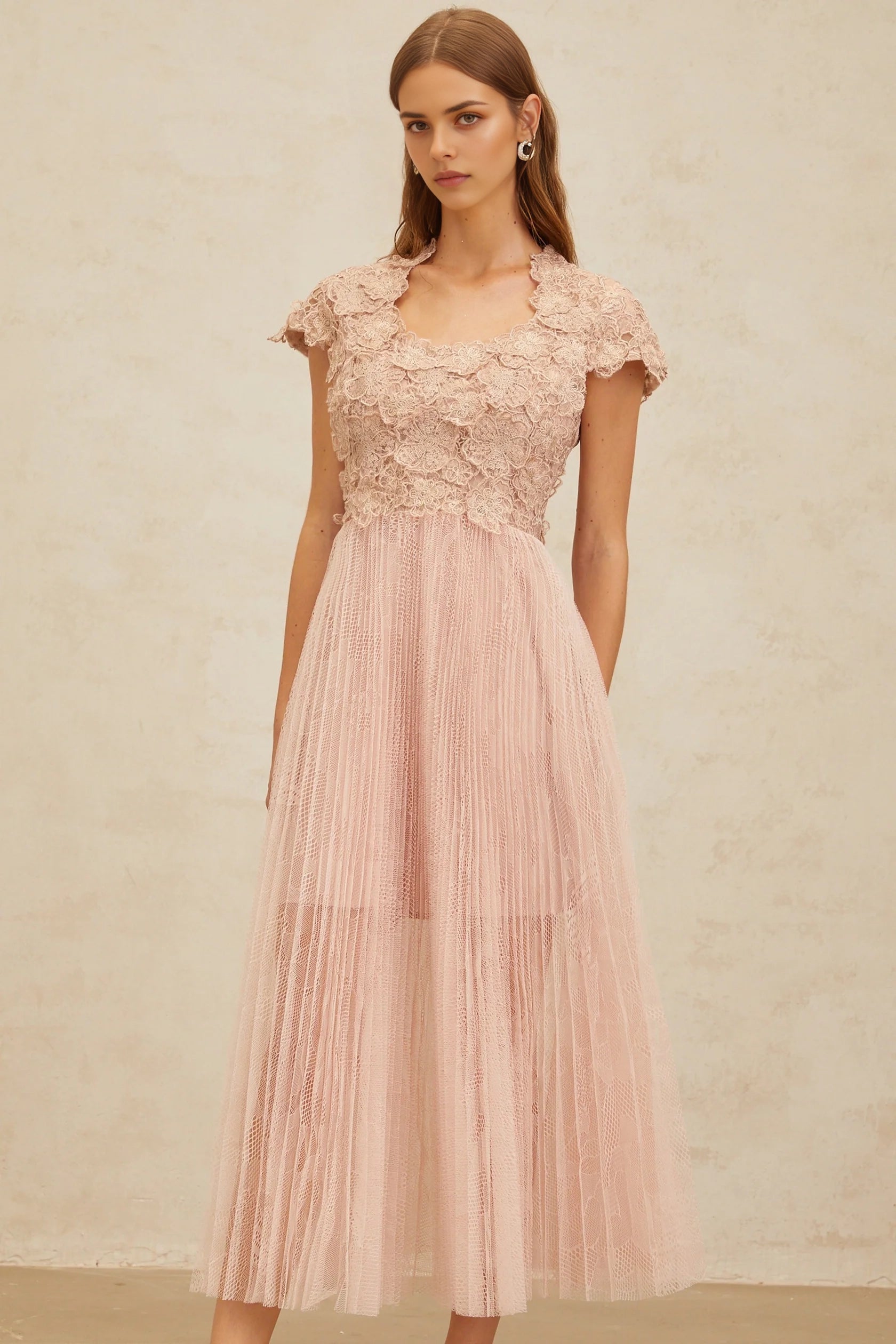 Blush Pink Lace - Bodice Tulle Midi Dress Pink Floral Embroidered Tulle Midi Dress   Evening Dress