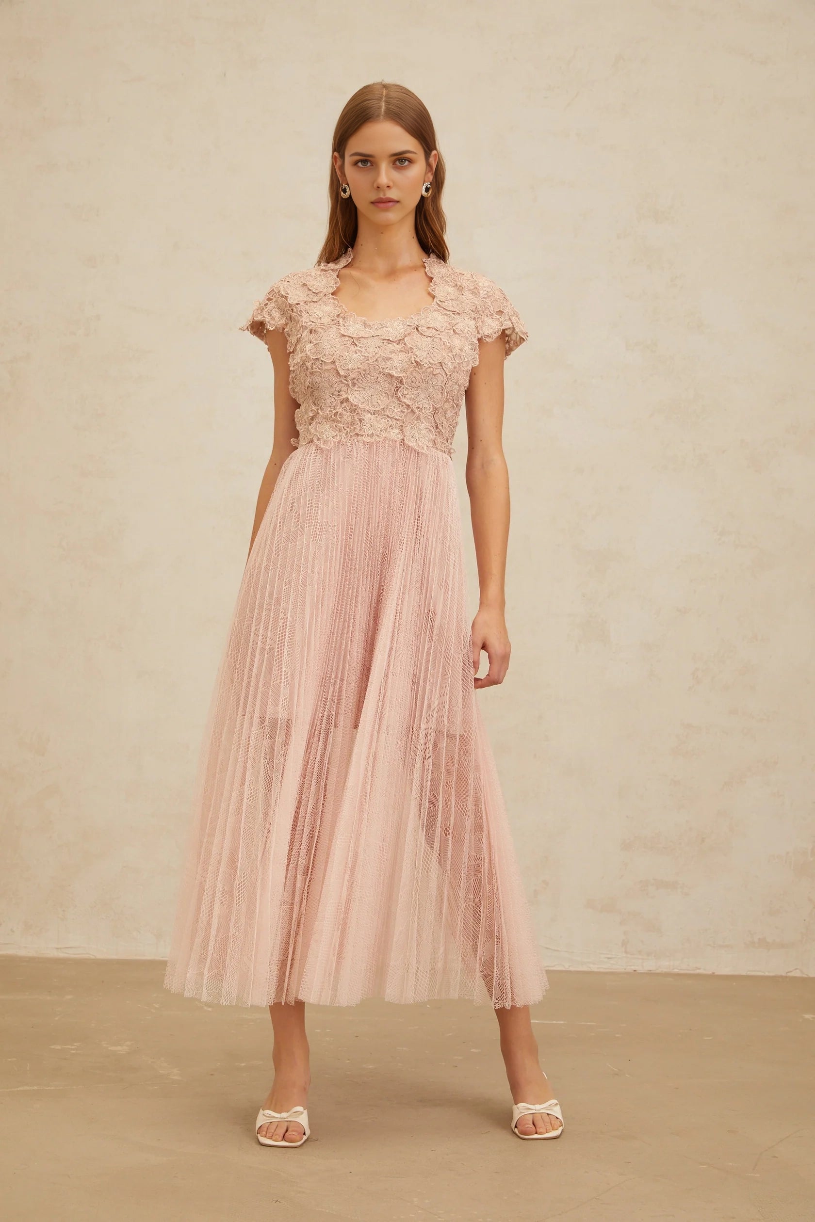 Blush Pink Lace - Bodice Tulle Midi Dress Pink Floral Embroidered Tulle Midi Dress   Evening Dress