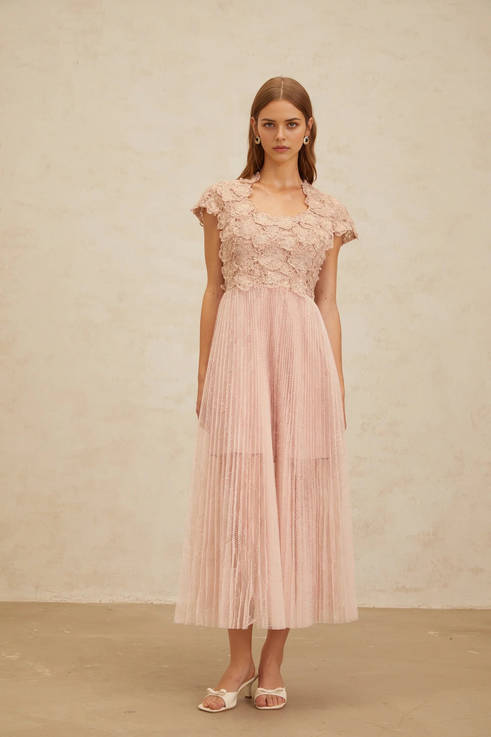 Blush Pink Lace - Bodice Tulle Midi Dress Pink Floral Embroidered Tulle Midi Dress   Evening Dress