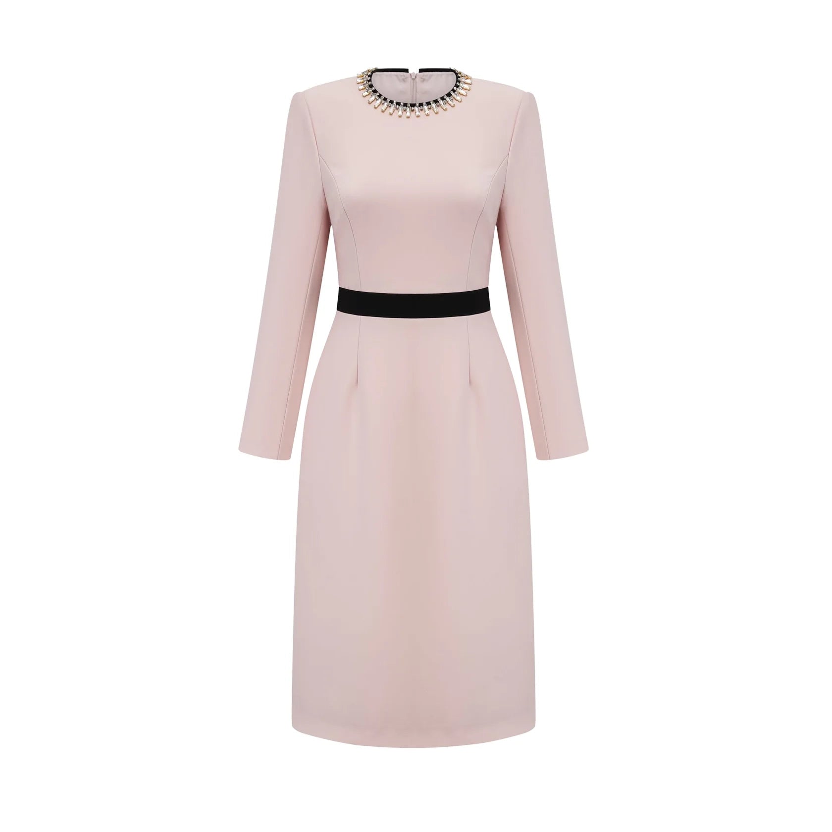 Blush Pink Midi Dress with Crystal Neckline and Black Waistband pink crystal color-blocked midi dress Evening Dress