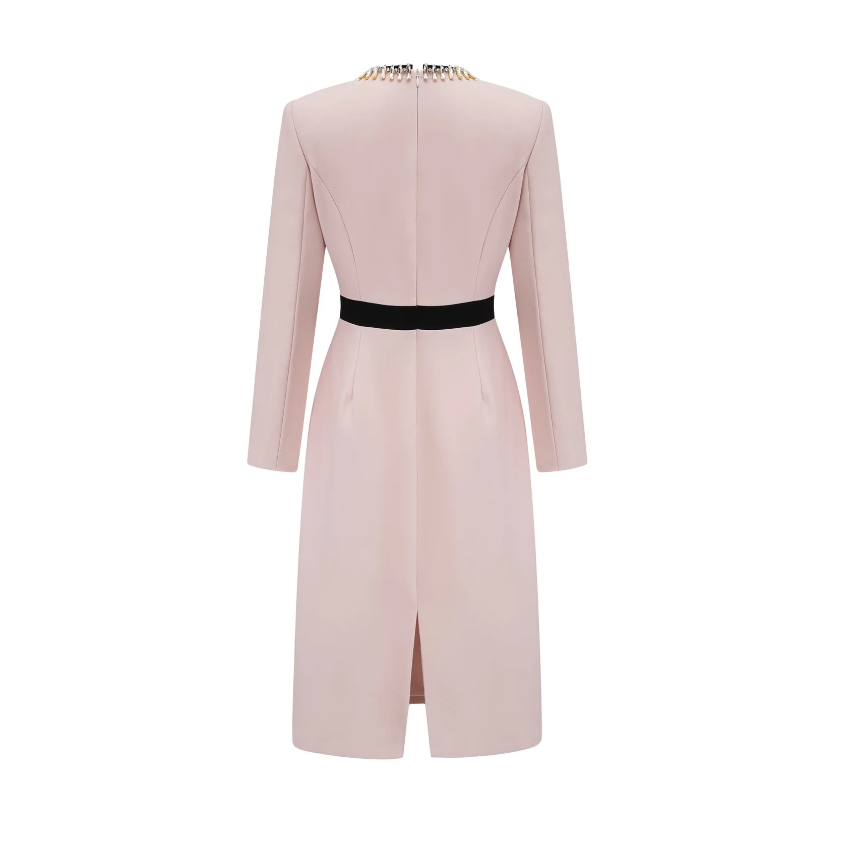 Blush Pink Midi Dress with Crystal Neckline and Black Waistband pink crystal color-blocked midi dress Evening Dress