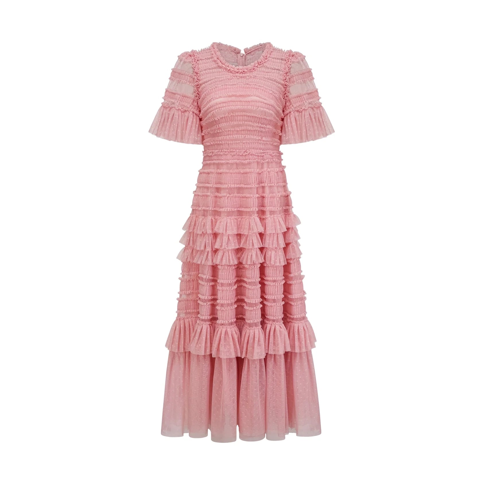 Blush Pink Ruffled Tiered Midi Dress with Short Flutter Sleeves pink dot-detail ruffled tulle midi dress Evening Dress