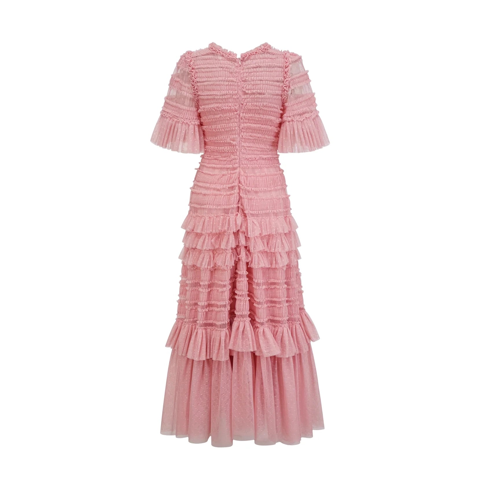 Blush Pink Ruffled Tiered Midi Dress with Short Flutter Sleeves pink dot-detail ruffled tulle midi dress Evening Dress