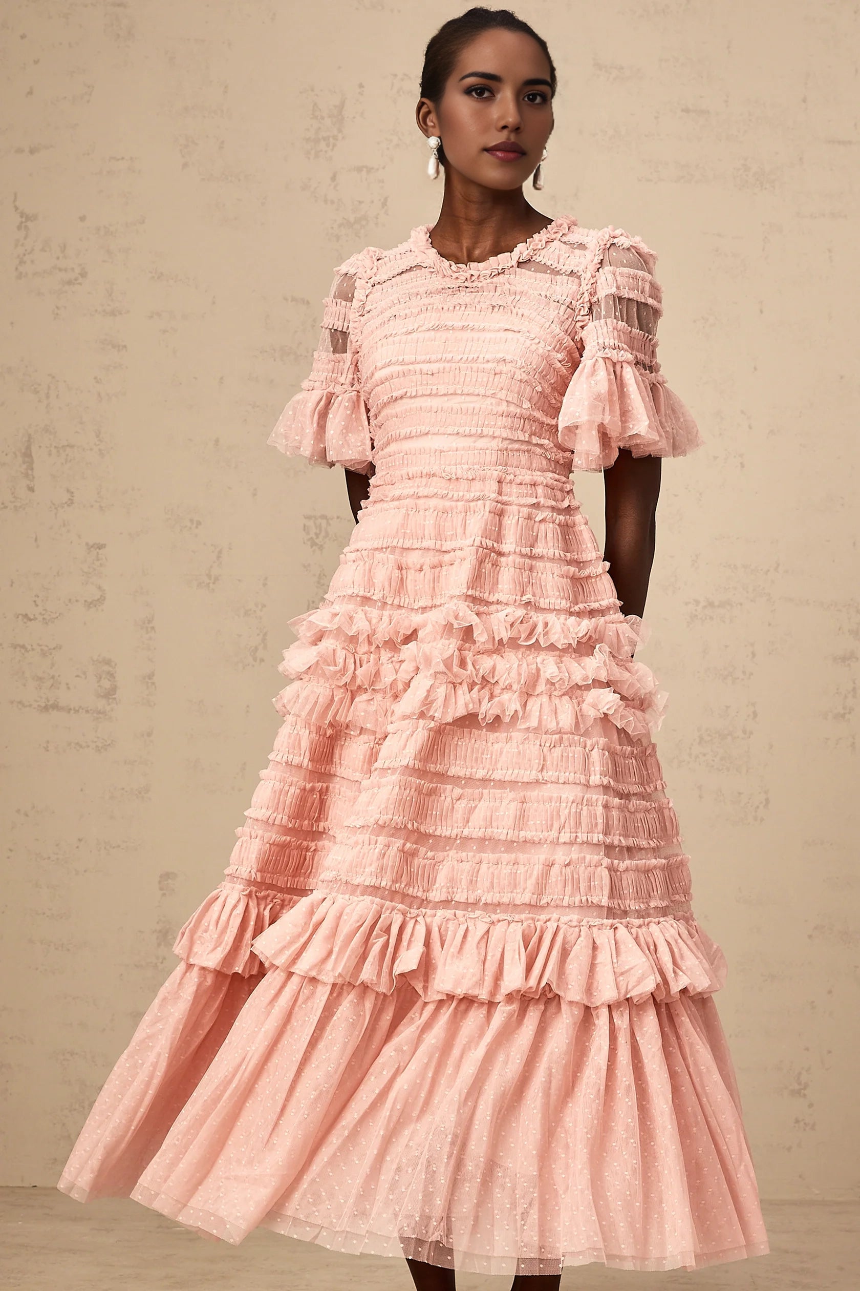 Blush Pink Ruffled Tiered Midi Dress with Short Flutter Sleeves pink dot-detail ruffled tulle midi dress Evening Dress