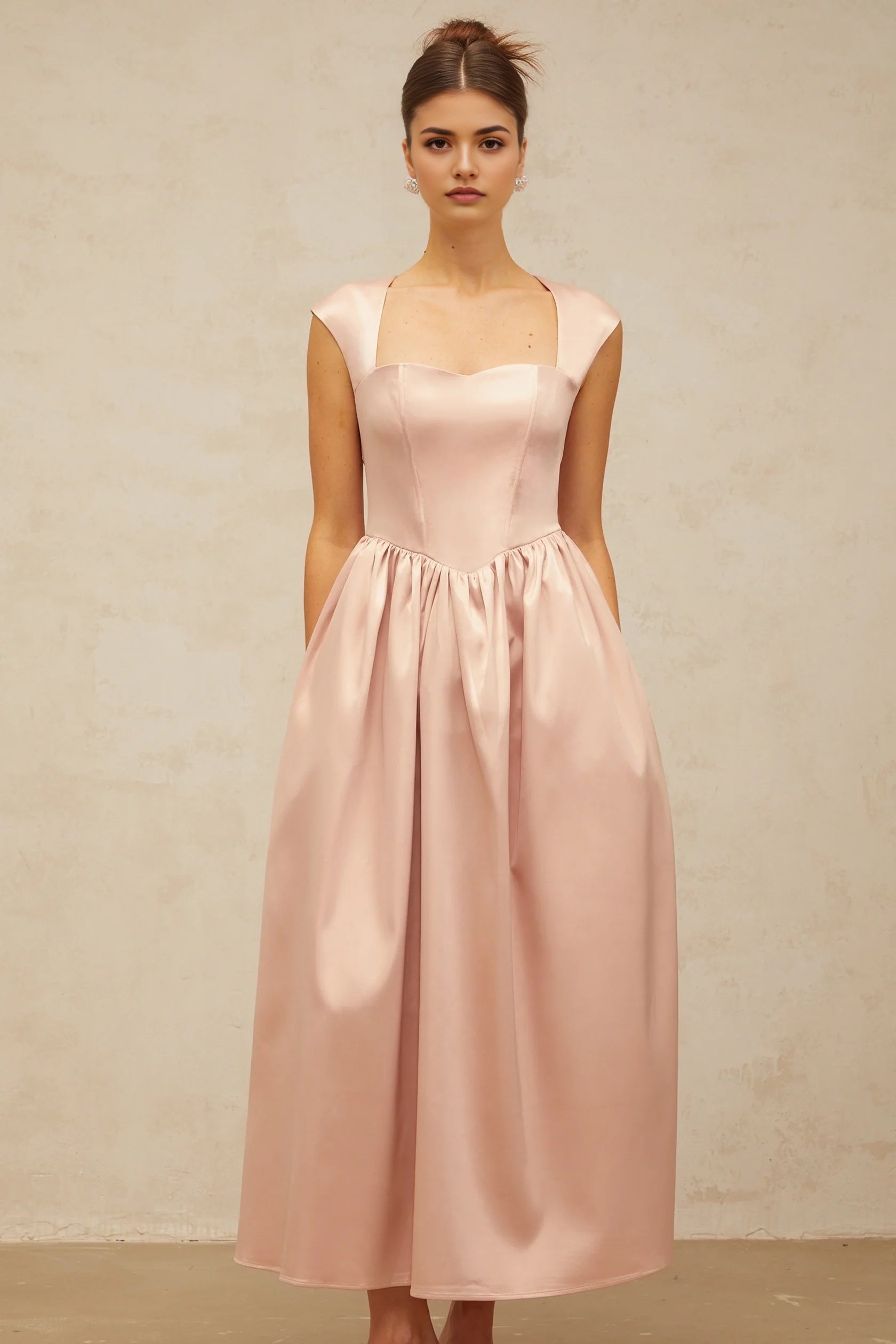 Blush Pink Satin Square Neck Midi Dress Blush Pink Satin Square Neck Midi Dress Evening Dress