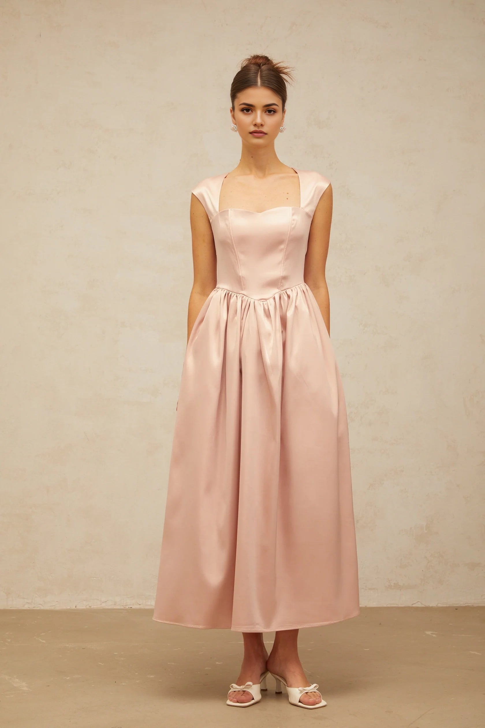 Blush Pink Satin Square Neck Midi Dress Blush Pink Satin Square Neck Midi Dress Evening Dress