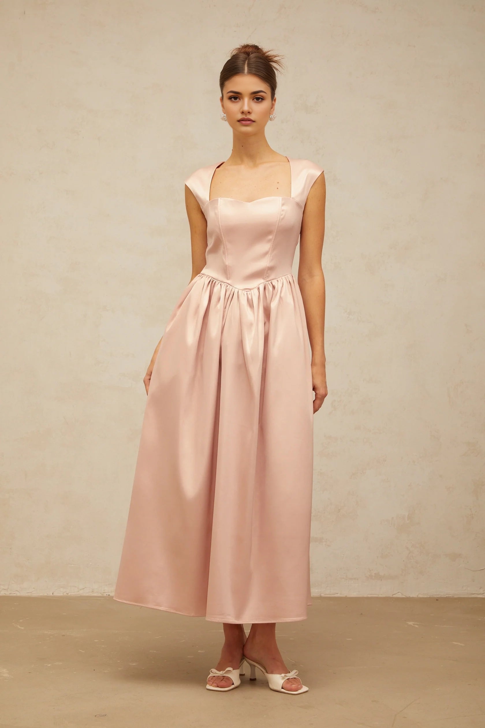 Blush Pink Satin Square Neck Midi Dress Blush Pink Satin Square Neck Midi Dress Evening Dress