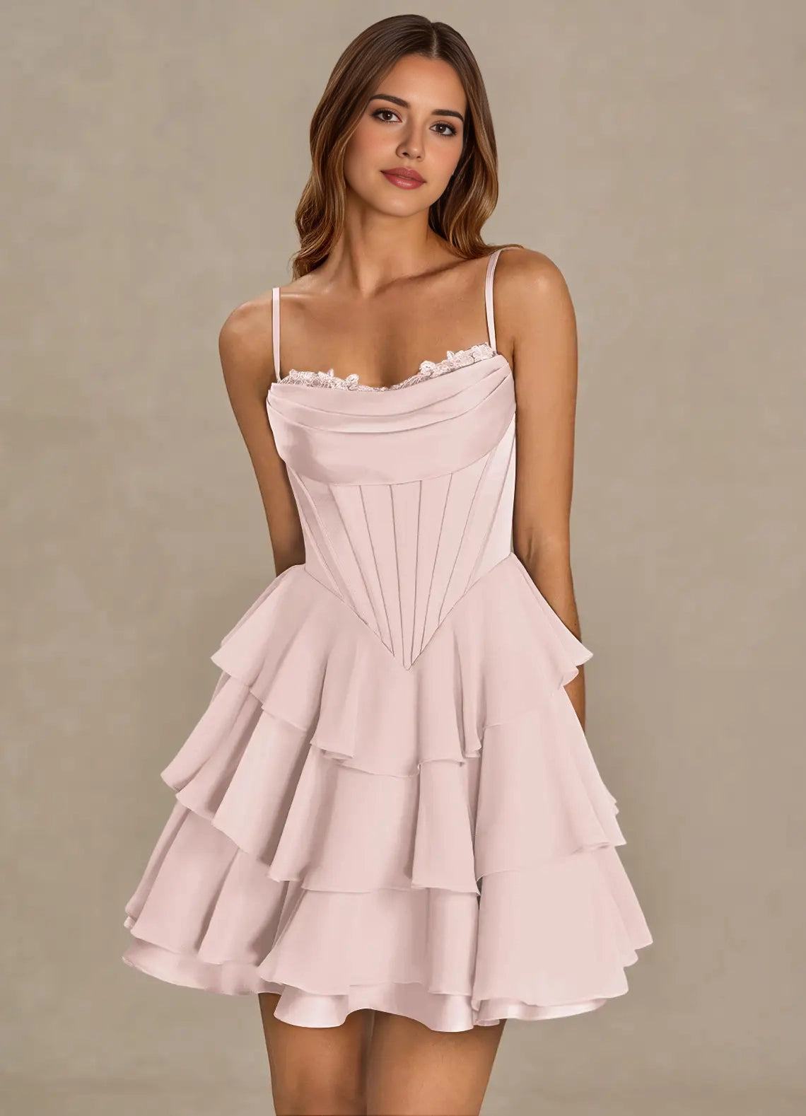 Strapless Tiered Mini Dress with Corset Detail Brinley Powder Pink Mini Dress Homecoming Dresses