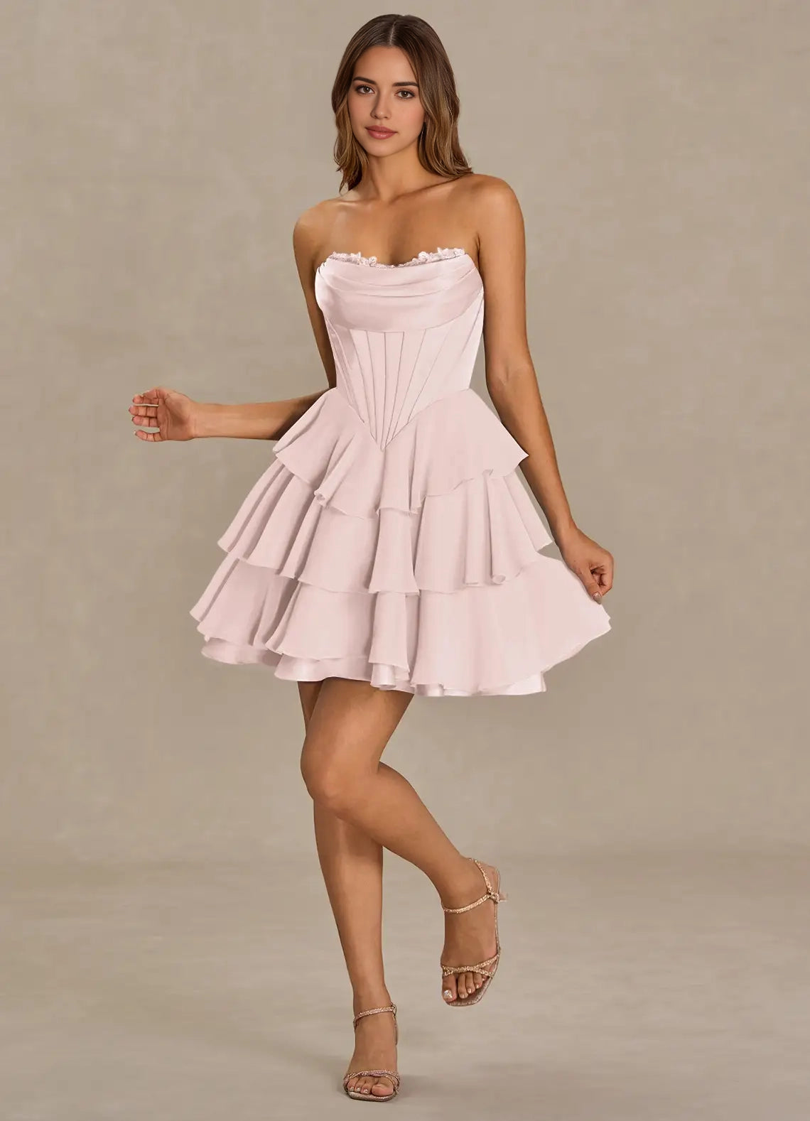 Strapless Tiered Mini Dress with Corset Detail Brinley Powder Pink Mini Dress Homecoming Dresses