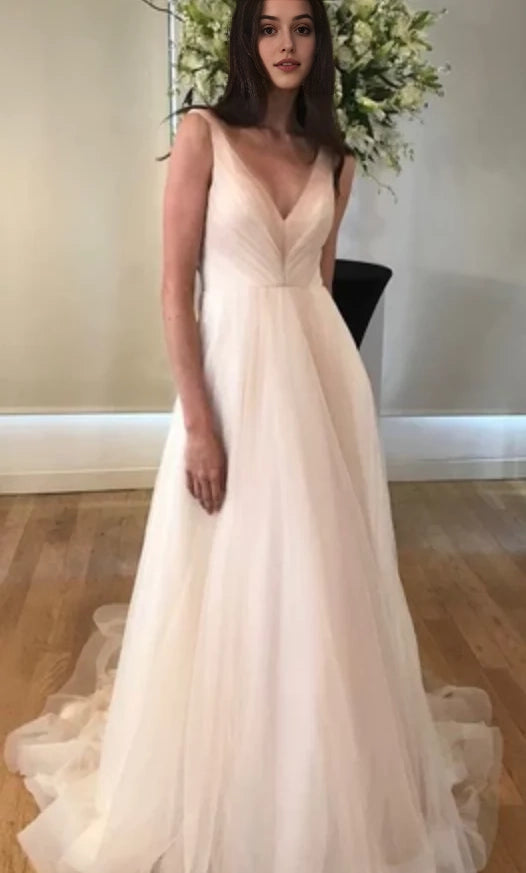 Blush Pink V-Neck Tulle Maxi Dress with Train  Pink V Neck Pleated Long Prom Dress Party Dresses