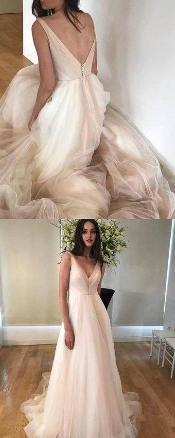 Blush Pink V-Neck Tulle Maxi Dress with Train  Pink V Neck Pleated Long Prom Dress Party Dresses