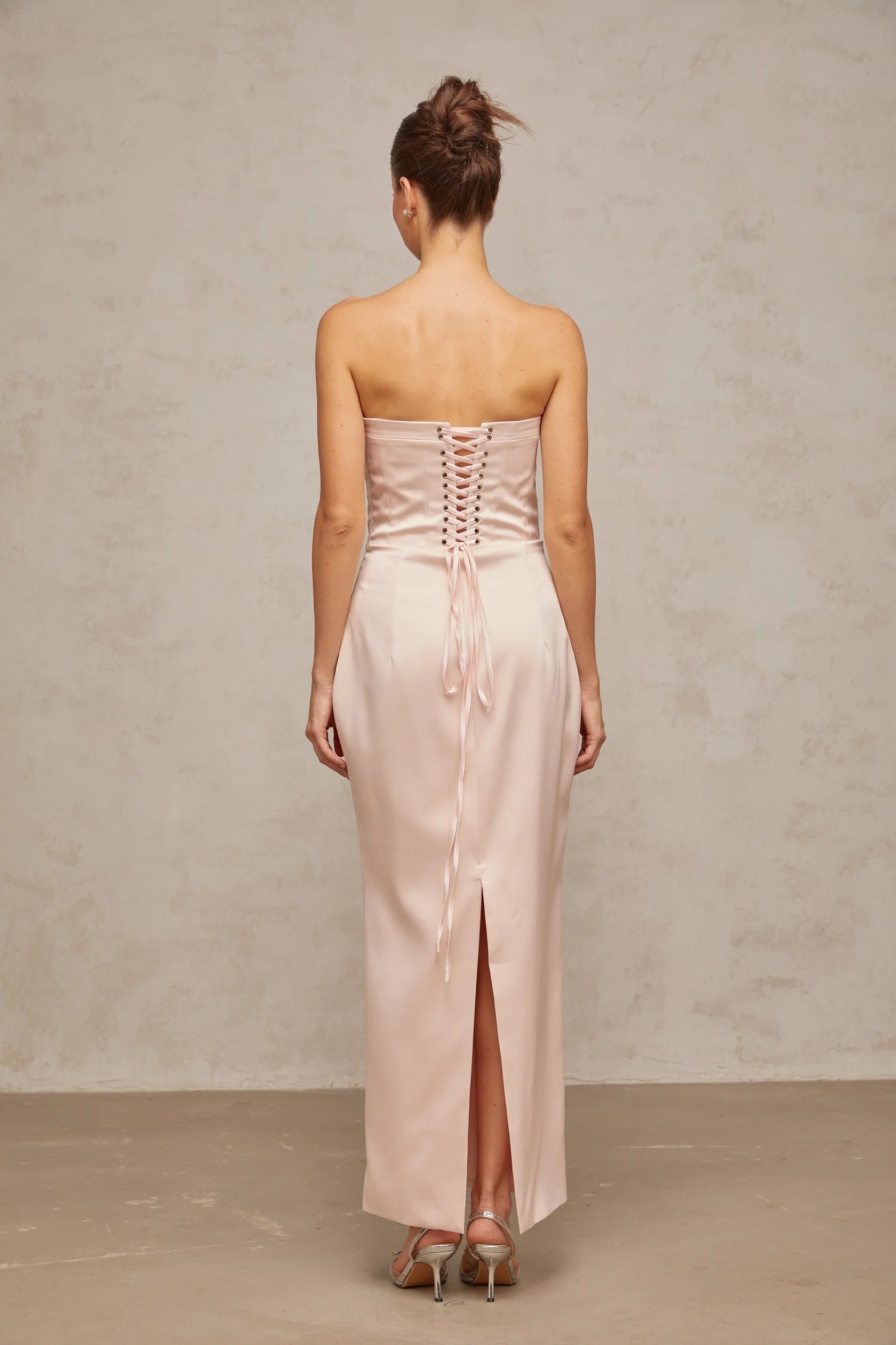 Blush Strapless Corset Maxi Dress with Lace - Up Back pink off-shoulder corset satin maxi dress Evening Dress