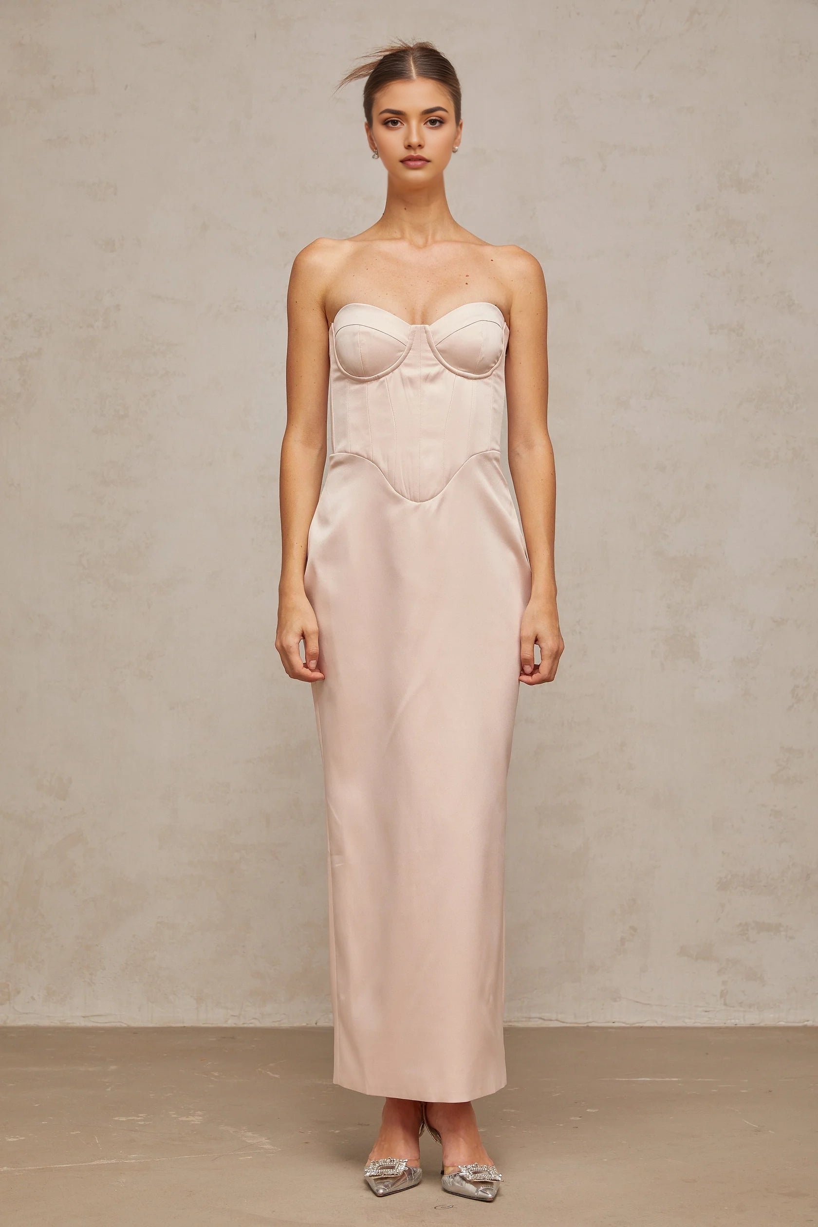 Blush Strapless Corset Maxi Dress with Lace - Up Back pink off-shoulder corset satin maxi dress Evening Dress