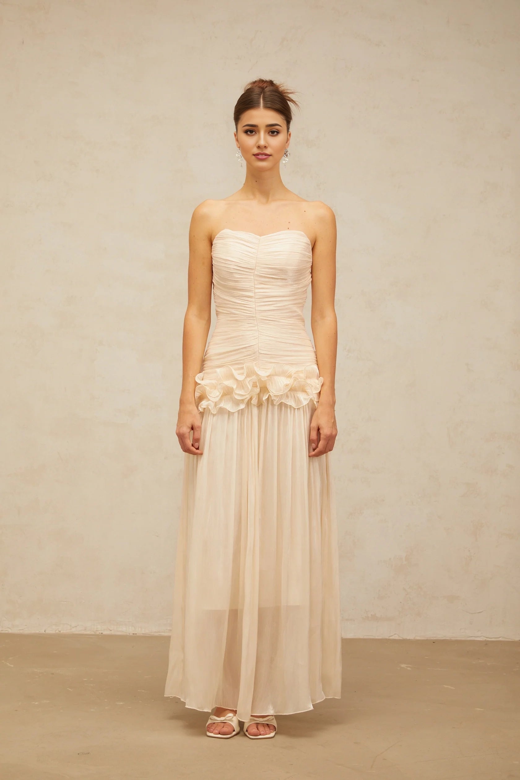 Blush Strapless Ruffled Chiffon Maxi Dress neutrals ruffled pleated maxi dress Evening Dress