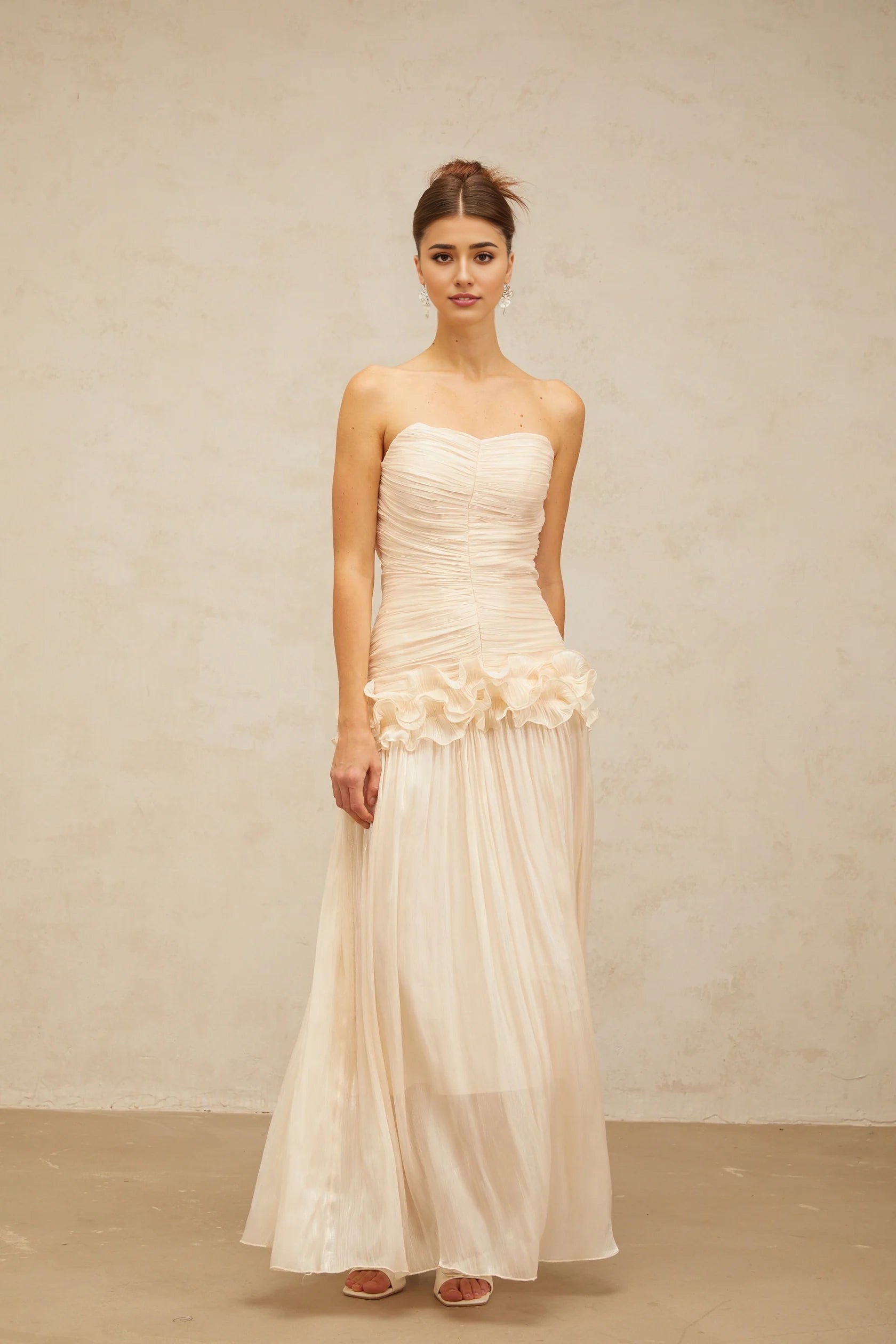 Blush Strapless Ruffled Chiffon Maxi Dress neutrals ruffled pleated maxi dress Evening Dress