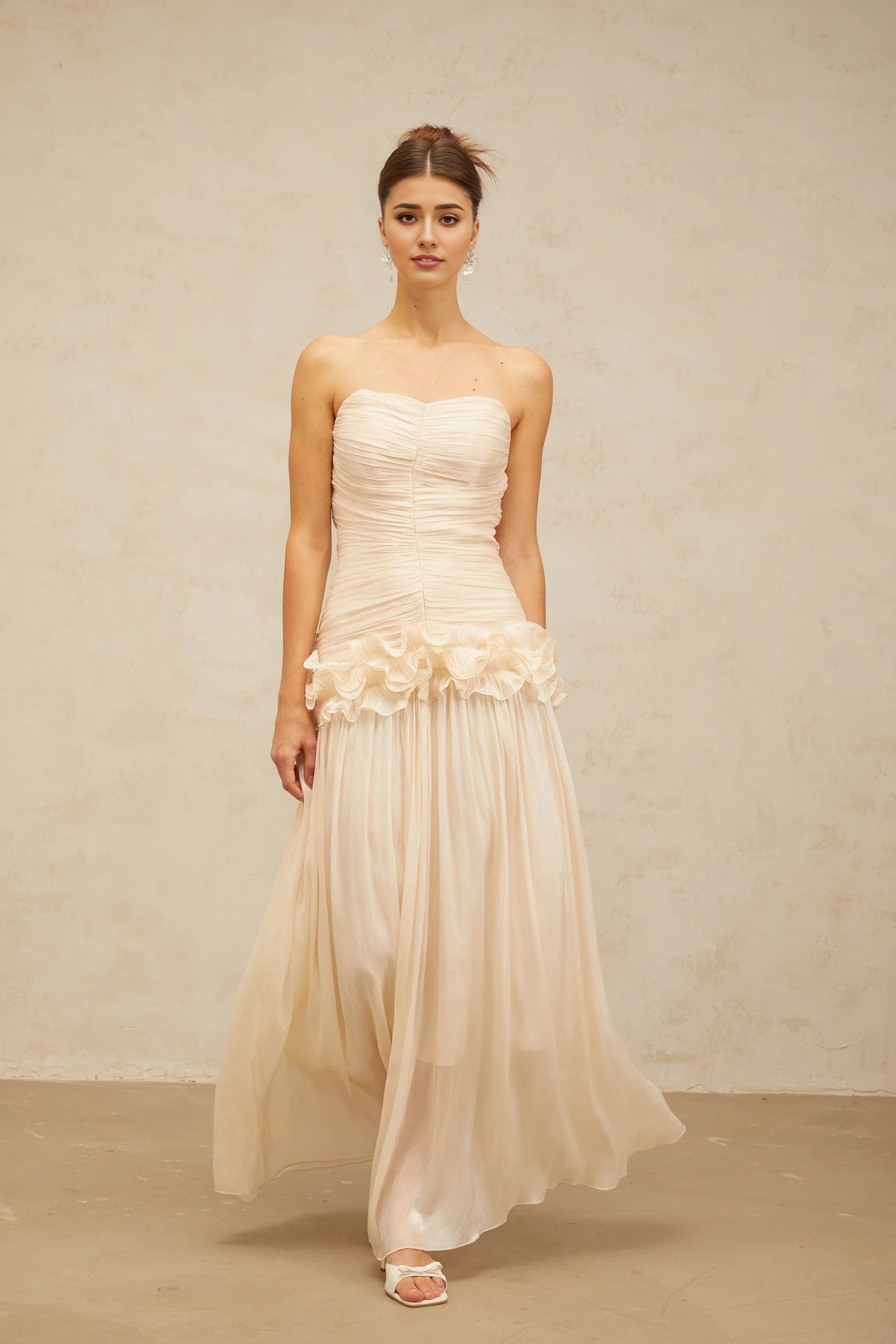 Blush Strapless Ruffled Chiffon Maxi Dress neutrals ruffled pleated maxi dress Evening Dress