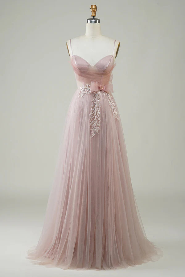 Blush A-Line Corset Long Tulle Prom Dress with Appliques Simple gentle atmospheric and unique design