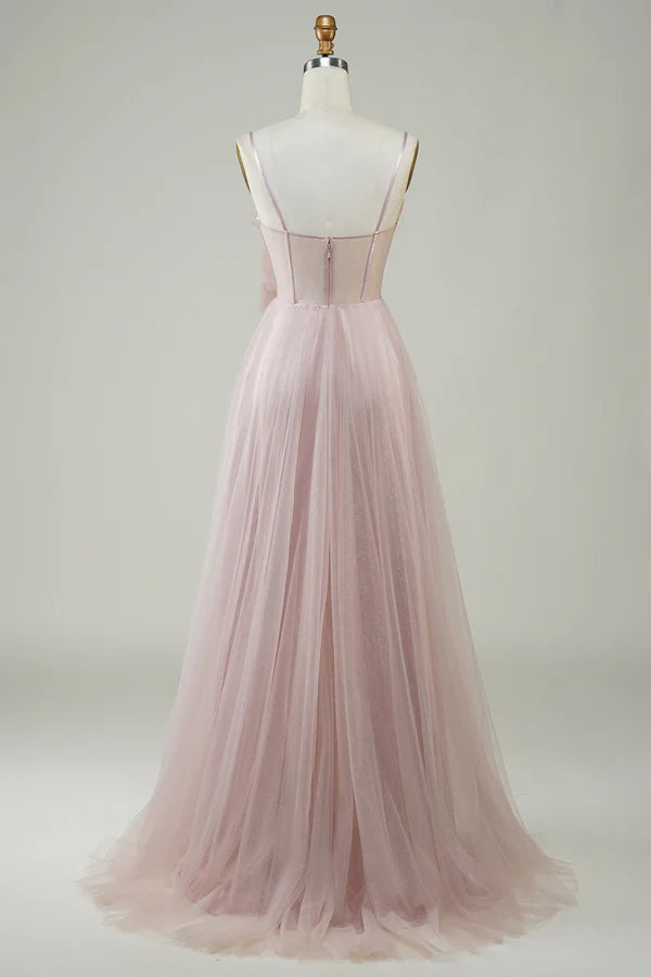 Blush A-Line Corset Long Tulle Prom Dress with Appliques Simple gentle atmospheric and unique design