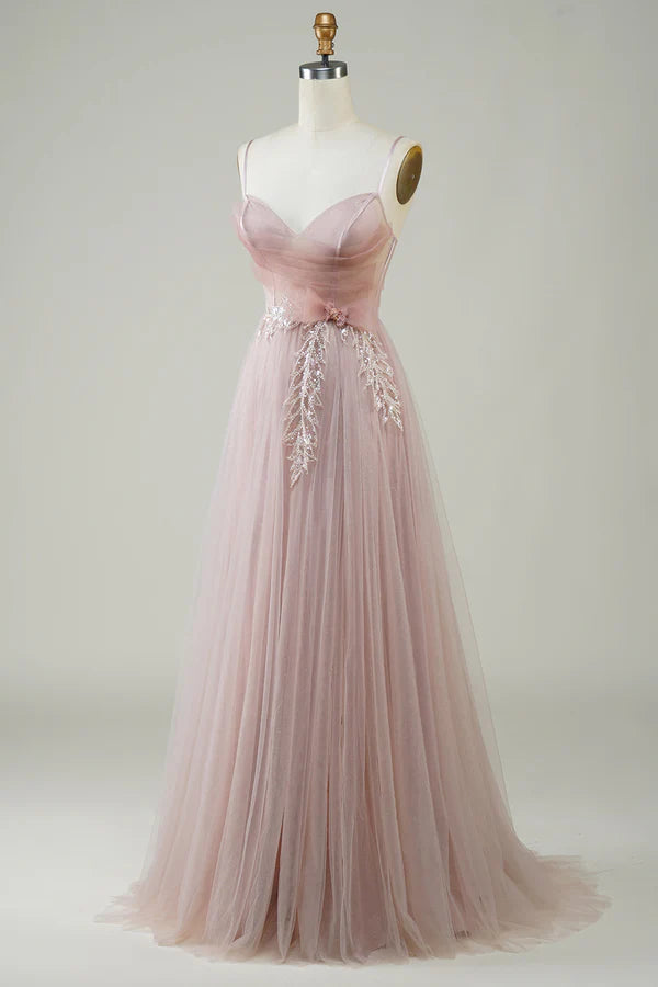 Blush A-Line Corset Long Tulle Prom Dress with Appliques Simple gentle atmospheric and unique design