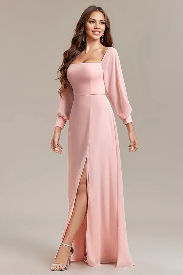 Blush A-Line Off the Shoulder Long Formal Dress with Slit simple gentle atmospheric and unique desi