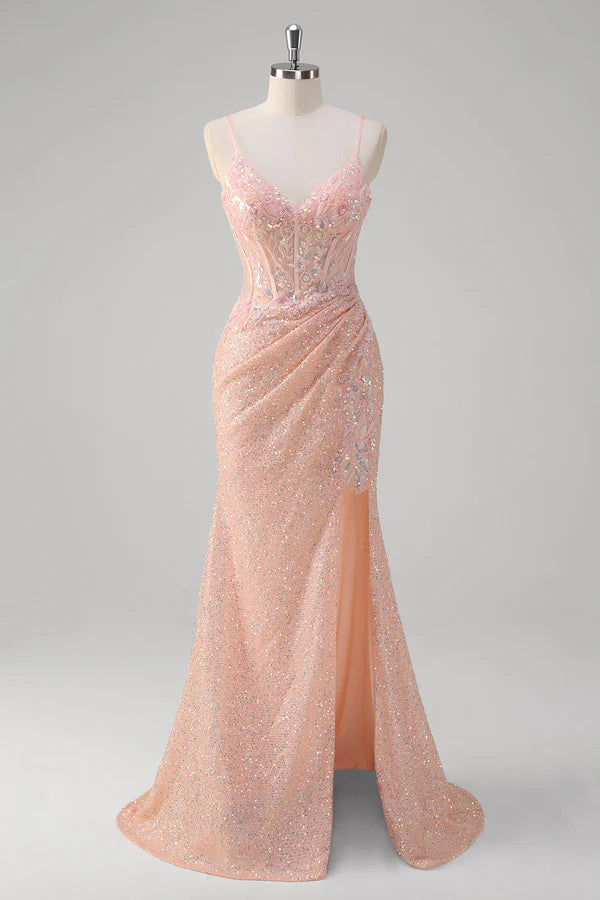 Blush Mermaid Spaghetti Straps Corset Sequined Long Prom Dress simple gentle atmospheric and unique desi
