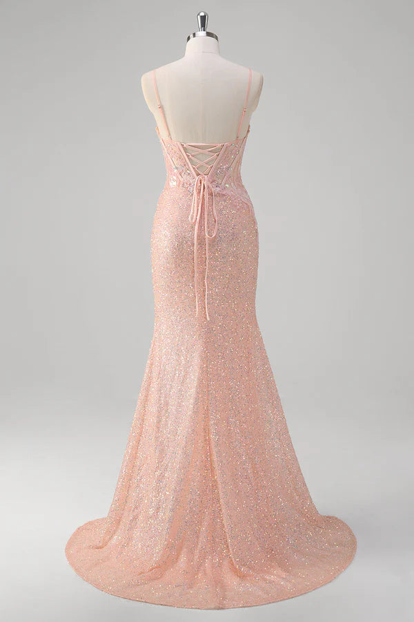 Blush Mermaid Spaghetti Straps Corset Sequined Long Prom Dress simple gentle atmospheric and unique desi