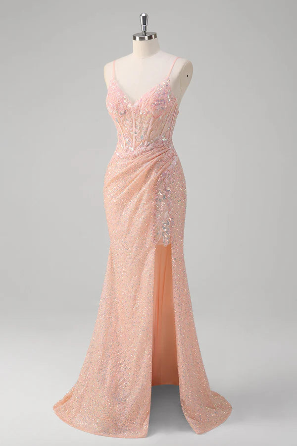 Blush Mermaid Spaghetti Straps Corset Sequined Long Prom Dress simple gentle atmospheric and unique desi