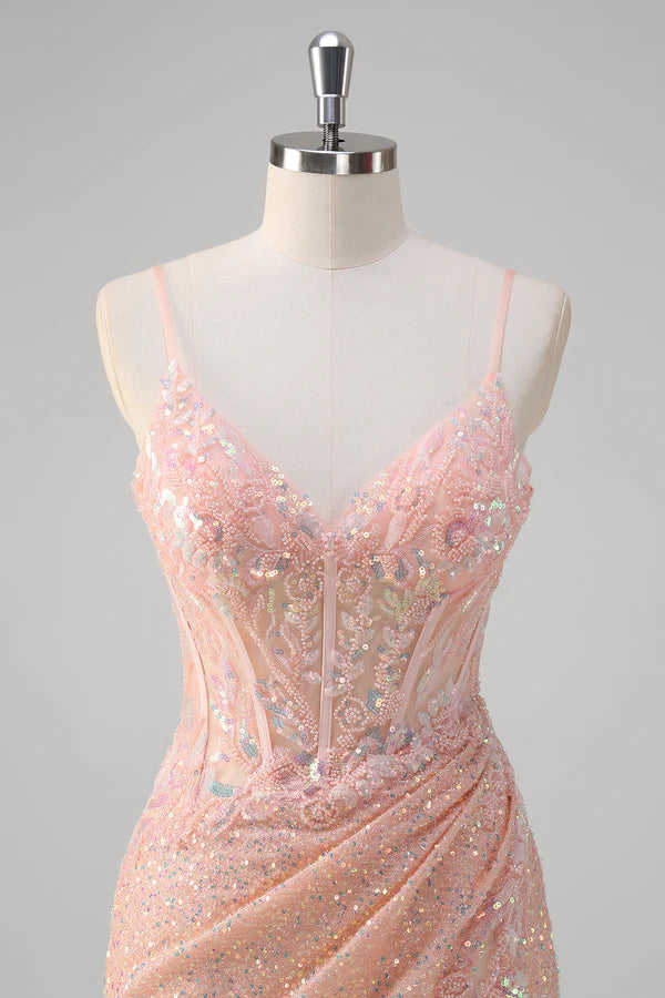Blush Mermaid Spaghetti Straps Corset Sequined Long Prom Dress simple gentle atmospheric and unique desi