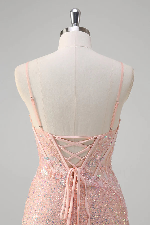 Blush Mermaid Spaghetti Straps Corset Sequined Long Prom Dress simple gentle atmospheric and unique desi