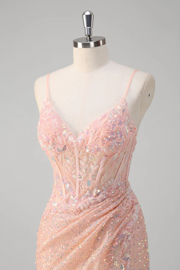 Blush Mermaid Spaghetti Straps Corset Sequined Long Prom Dress simple gentle atmospheric and unique desi