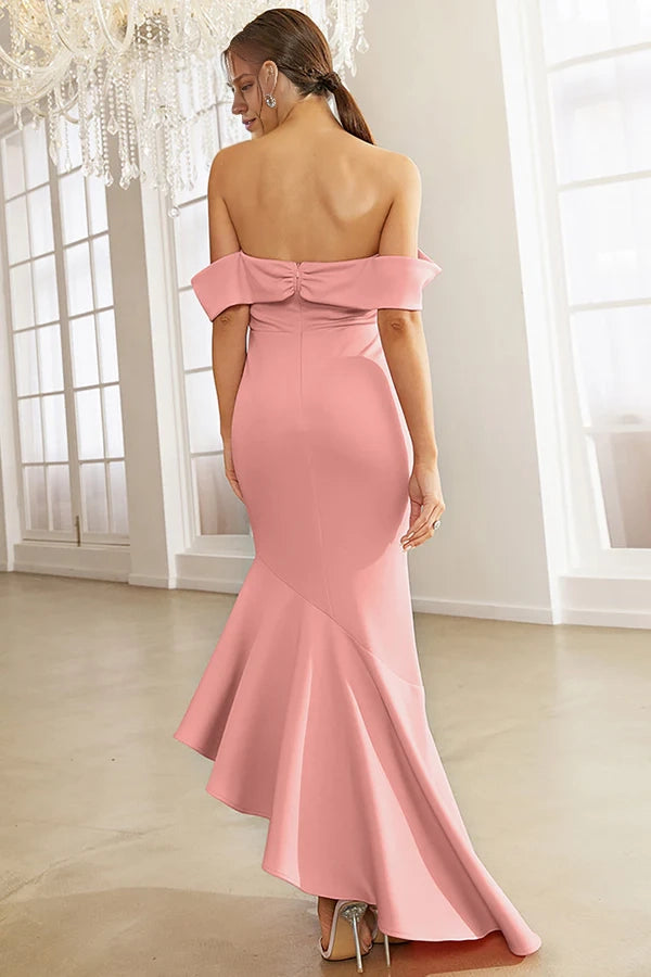 Blush Off the Shoulder Irregular Mermaid Prom Dress With Ruffles Simple gentle atmospheric and unique design