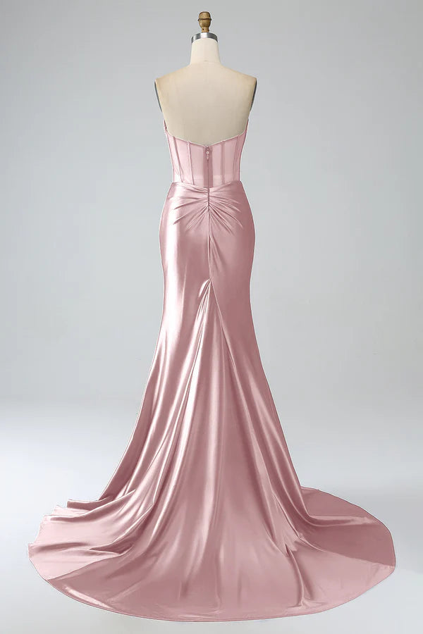 Blush Pink Mermaid Strapless Pleated Corset Long Prom Dress with SlitSlit Split Front spheric and unique desigentle atmospheric and unique desi