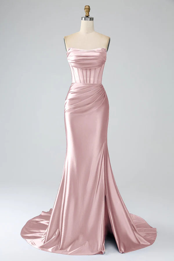 Blush Pink Mermaid Strapless Pleated Corset Long Prom Dress with SlitSlit Split Front spheric and unique desigentle atmospheric and unique desi