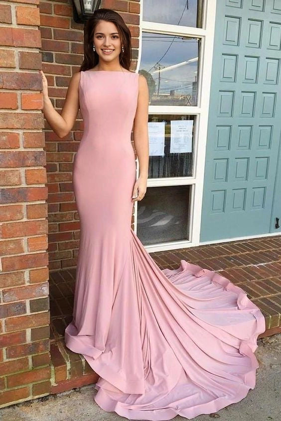 Blush Pink Sleeveless Mermaid Evening Gown with Train Boat Necking Long Sheath Pink Elegant Simple Cheap Prom Dresses Prom Gowns Party Dresses