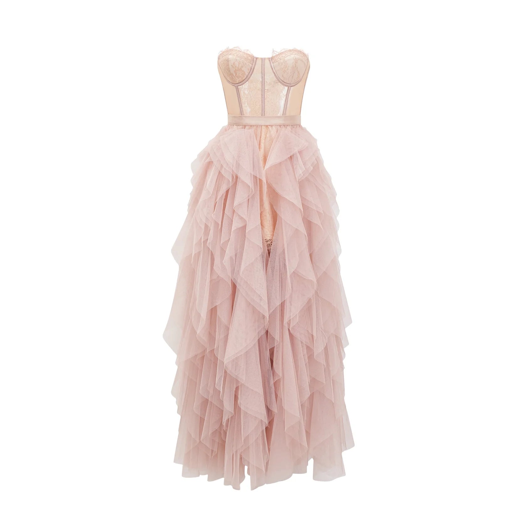 Blush Pink Strapless Ruffled Tulle Maxi Dress Pink Bustier Mesh Maxi Dress Evening Dress