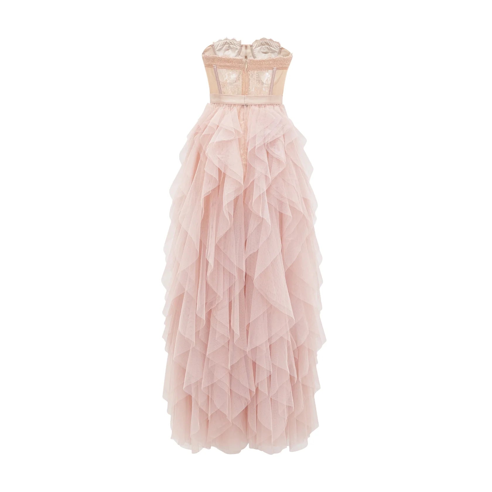 Blush Pink Strapless Ruffled Tulle Maxi Dress Pink Bustier Mesh Maxi Dress Evening Dress