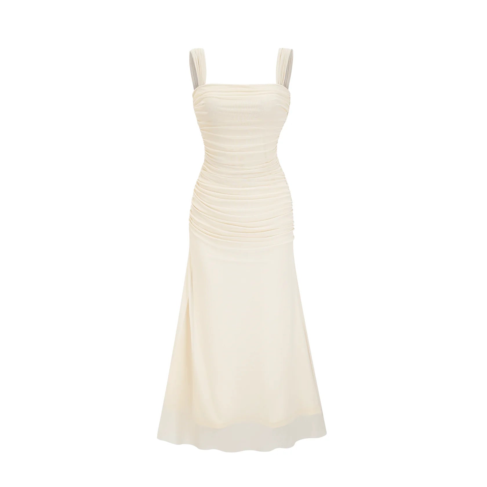Ivory Ruched Square Neck Midi Dress Giulia off-white mesh pleated midi dress Evening Dress