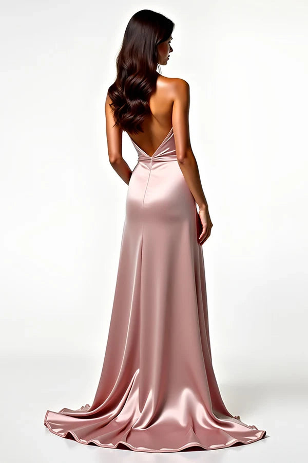 Blush Satin Halter Backless Prom Dress with Side Slit simple gentle atmospheric and unique desi Bring summer colors to enhance whiteness