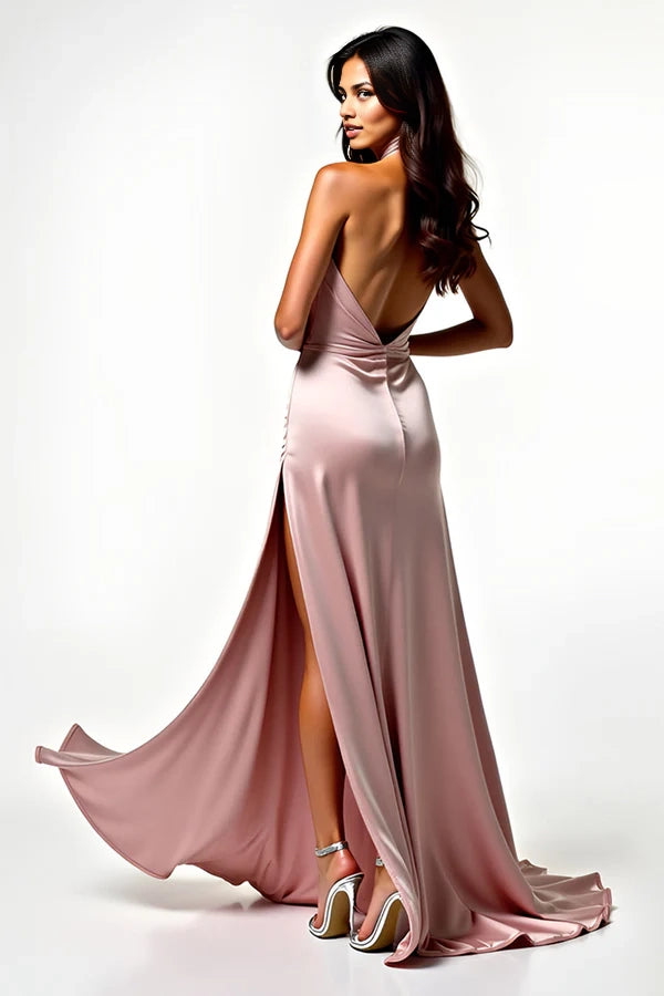 Blush Satin Halter Backless Prom Dress with Side Slit simple gentle atmospheric and unique desi Bring summer colors to enhance whiteness