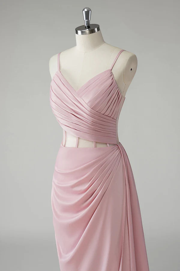 Blush Spaghetti Straps Corset Pleated Sheath Long Prom Dress simple gentle atmospheric and unique desi Bring summer colors to enhance whiteness