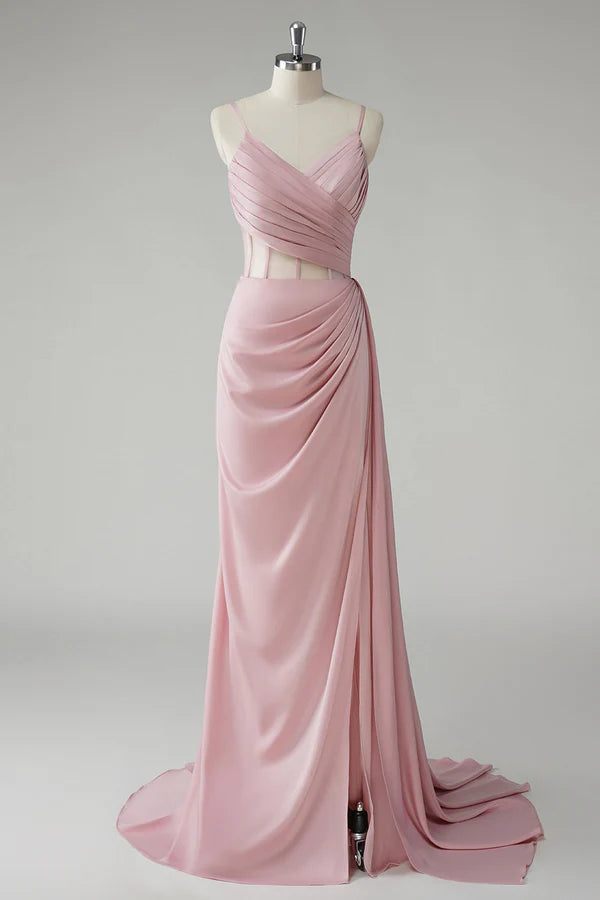 Blush Spaghetti Straps Corset Pleated Sheath Long Prom Dress simple gentle atmospheric and unique desi Bring summer colors to enhance whiteness