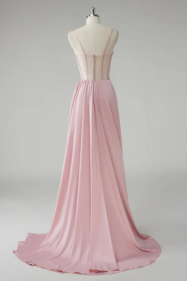 Blush Spaghetti Straps Corset Pleated Sheath Long Prom Dress simple gentle atmospheric and unique desi Bring summer colors to enhance whiteness